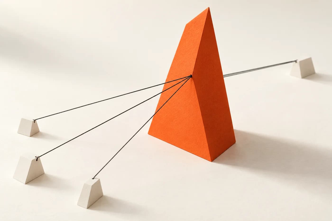 Eine hohe orange Papierform mit kantigen Flächen bündelt feine schwarze Fäden zwischen hellen Haltepunkten.