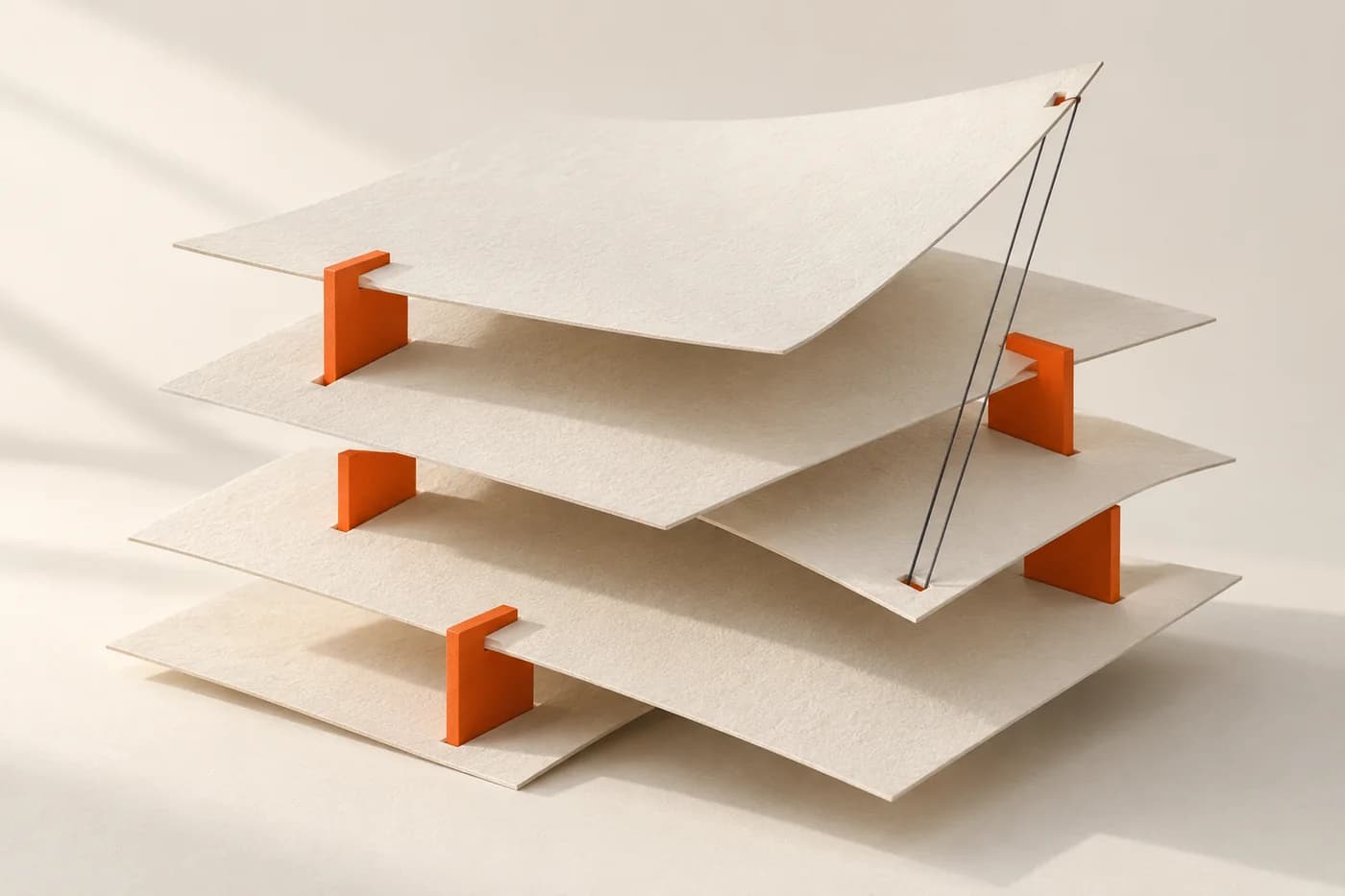 Versetzte elfenbeinfarbene Papierschichten werden durch kleine orange Laschen zu einer skulpturalen Wissensstruktur verbunden.