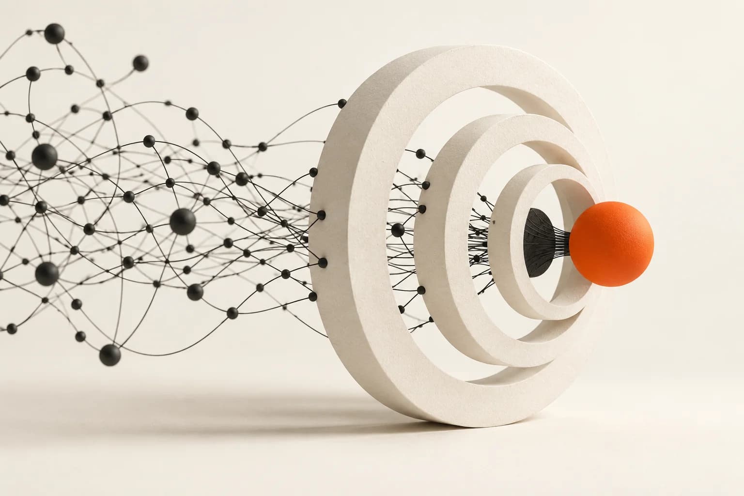Abstrakte Illustration: orangener Signalpunkt zwischen hellen Ringen und feinen schwarzen Verbindungen.